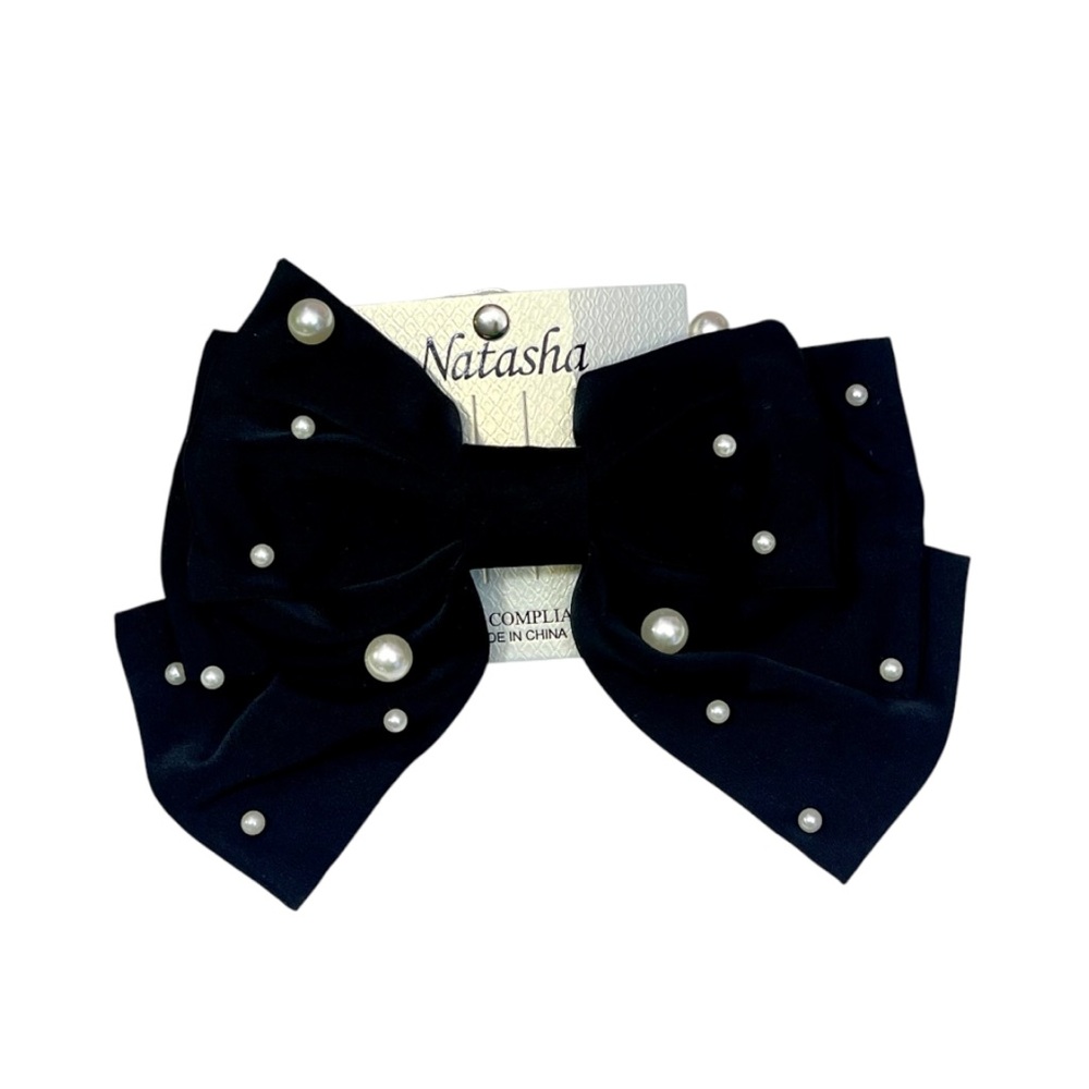Natasha Black Satin Hair Bow with Pearls Clip‎